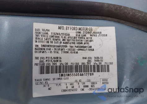 2005 Mercury Sable Ls from USA, damaged, VIN 1MEFM55S05A617789